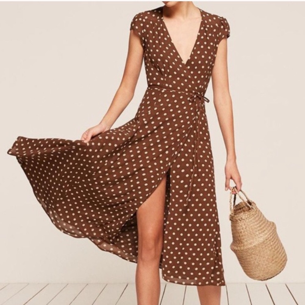 Reformation Carina Wrap Dress Polka Dot Brown
